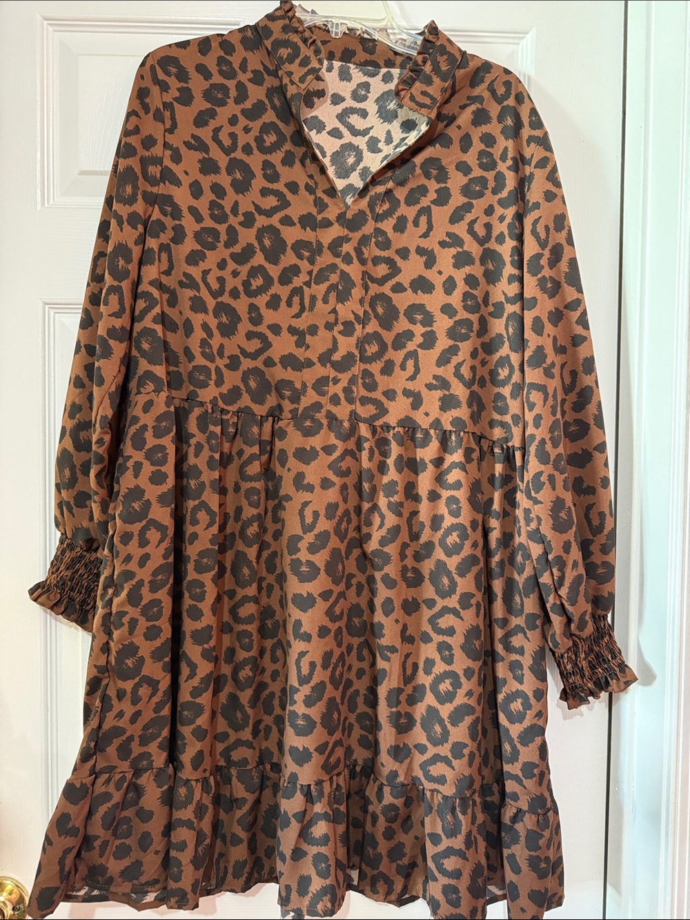 Leopard Print Tiered Long Sleeve Dress - Brown